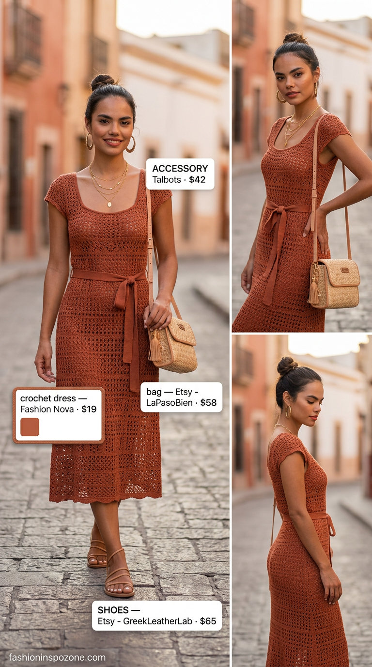 Cute summer crochet outfits 2026: Terracotta crochet dress with gold necklaces & straw bag for date night.