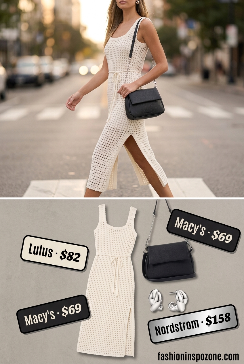 Cream midi crochet dress with black combat boots and silver hoops. Cute summer crochet outfits 2026.