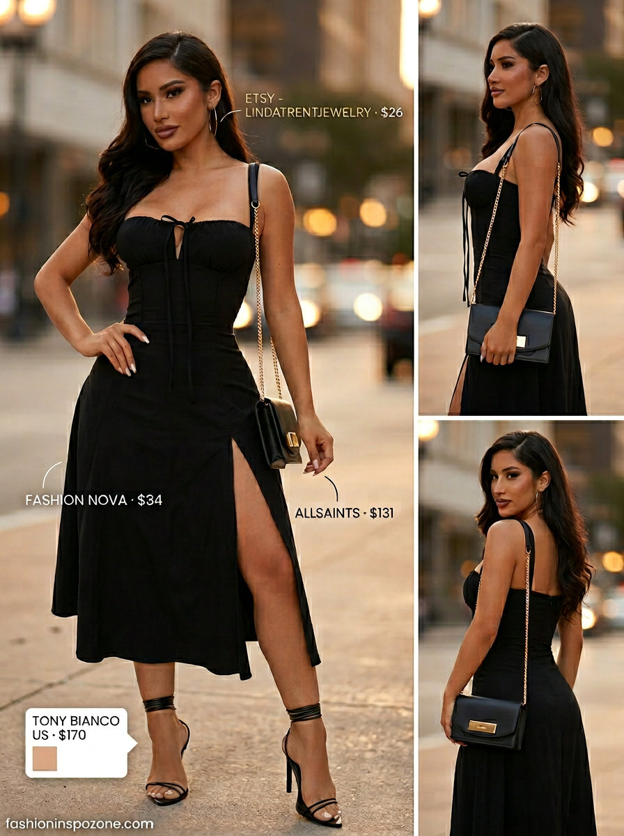 Cute summer dresses 2026: Black midi skirt outfit with coral top and nude heels for evening.