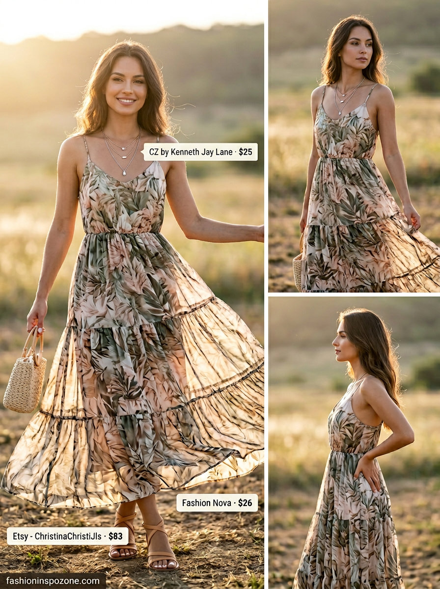 Cute summer dresses 2026: Boho maxi dress with gladiator sandals, fringe bag, and layered necklaces.