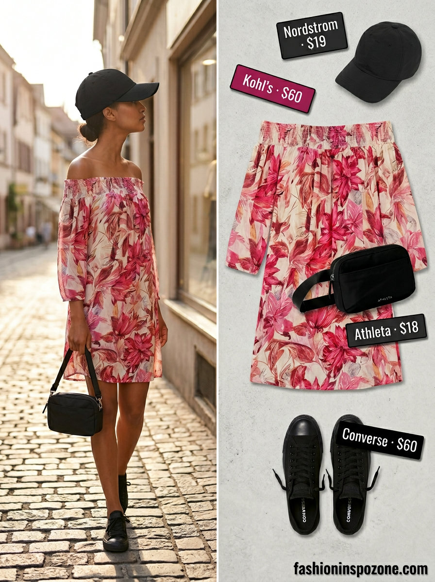 Cute summer dresses 2026: Olive green jumpsuit with black sneakers, cap, and belt bag for a casual weekend.