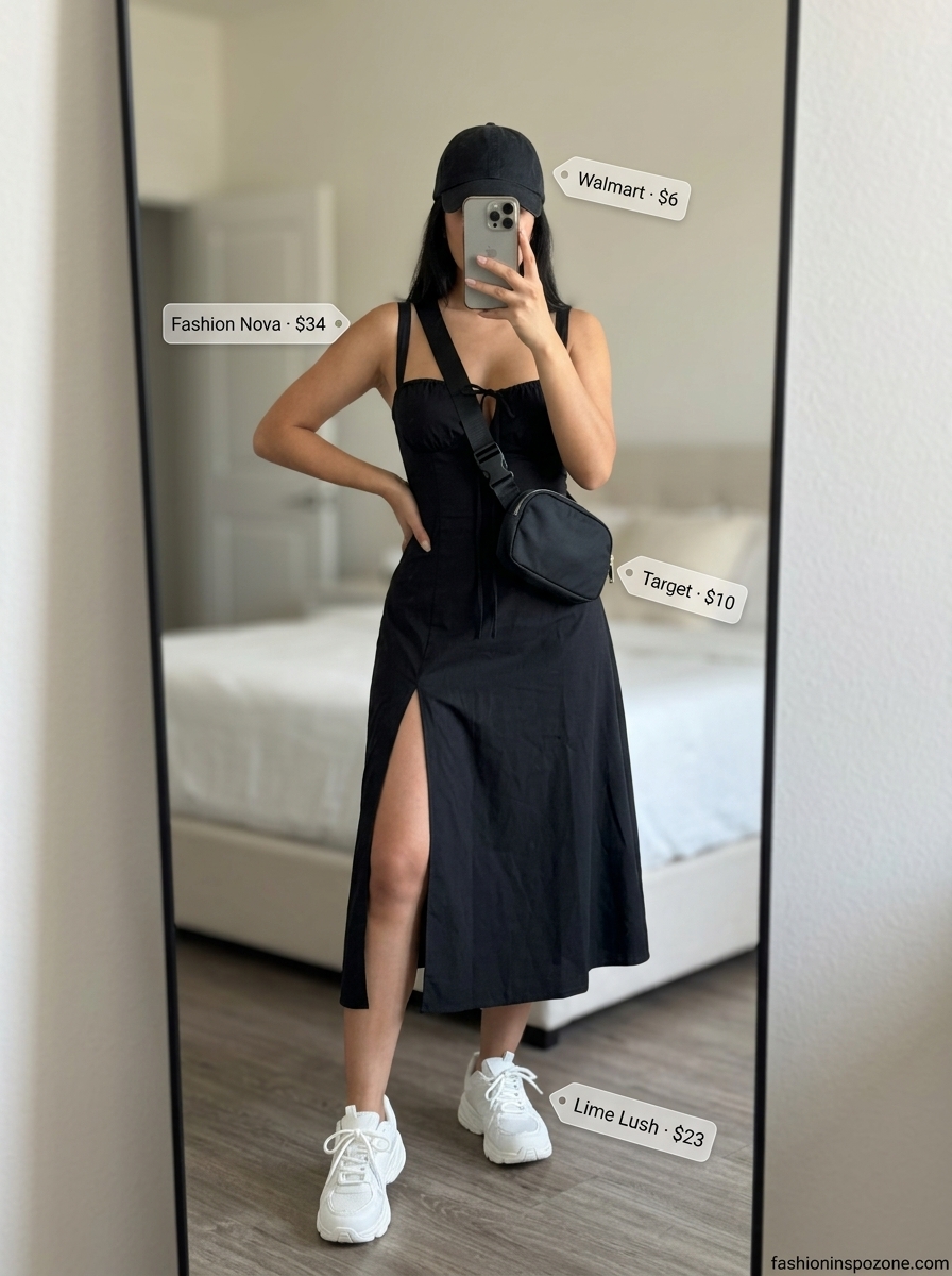 Cute summer dresses 2026: Cargo shorts and cream tee with white sneakers, baseball cap, and belt bag.