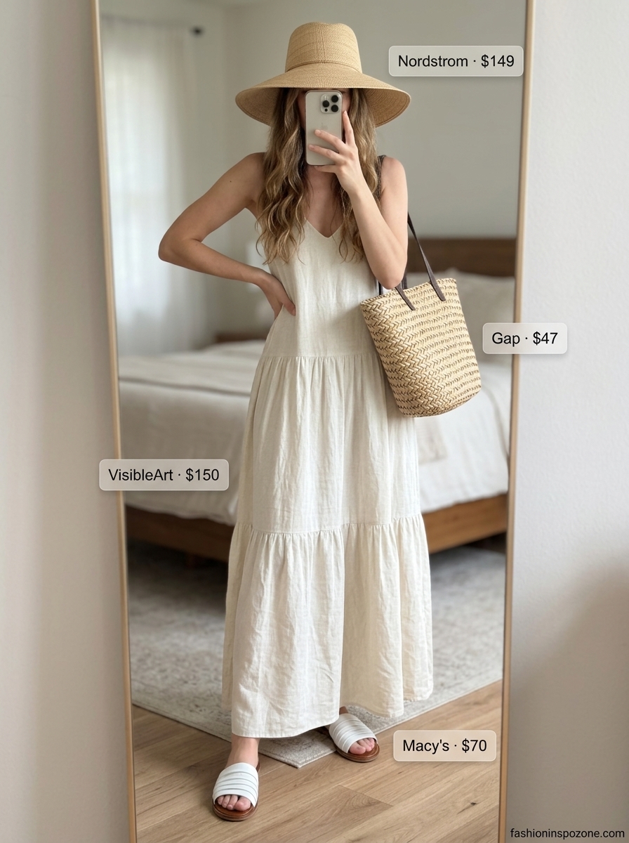 Cute summer dresses 2026: Sky blue linen maxi dress with straw accessories for a coastal beach look.