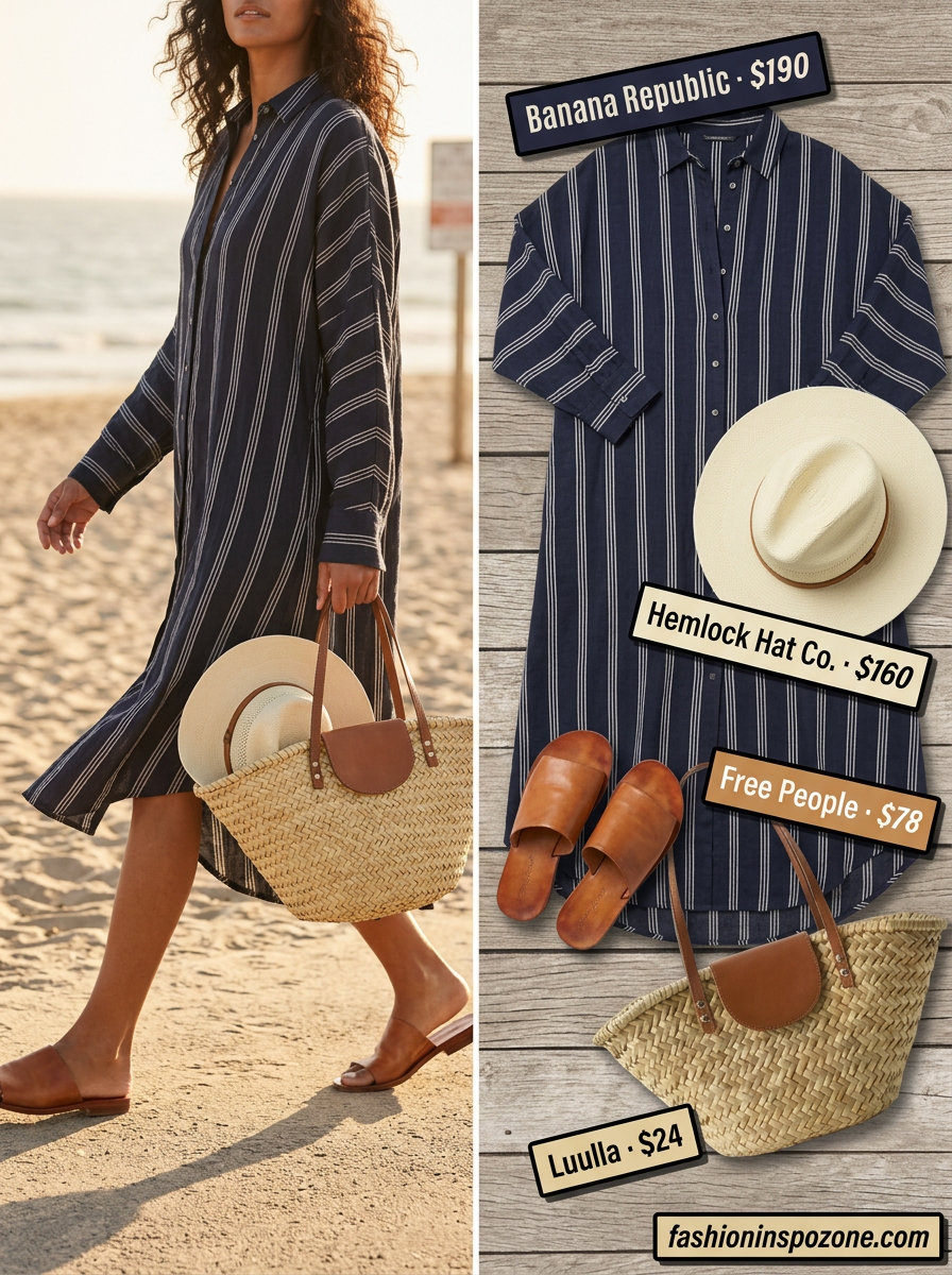 Cute summer dresses 2026: Blue and white stripe midi shirt dress with straw hat, sandals, and tote.