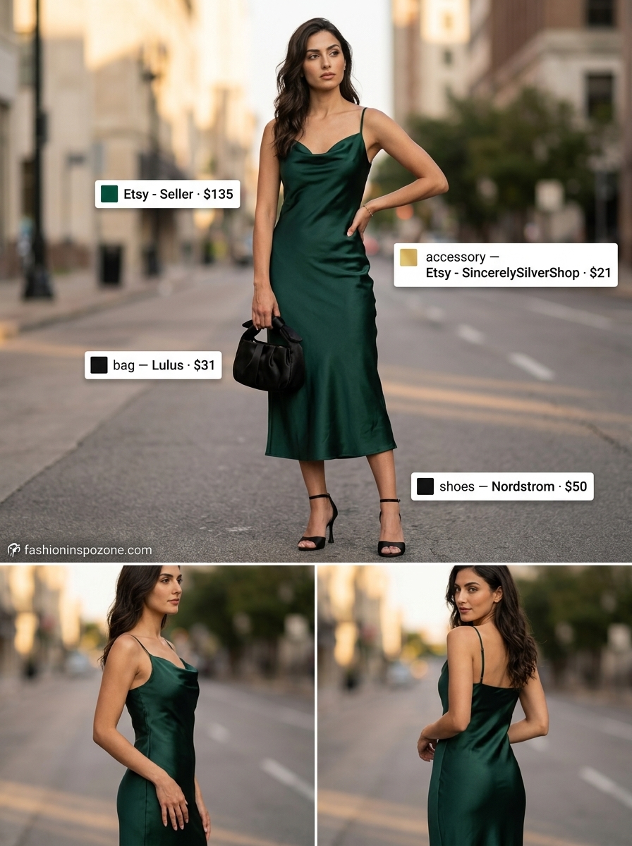 Cute summer dresses 2026: Emerald green satin slip dress with gold jewelry for evening.
