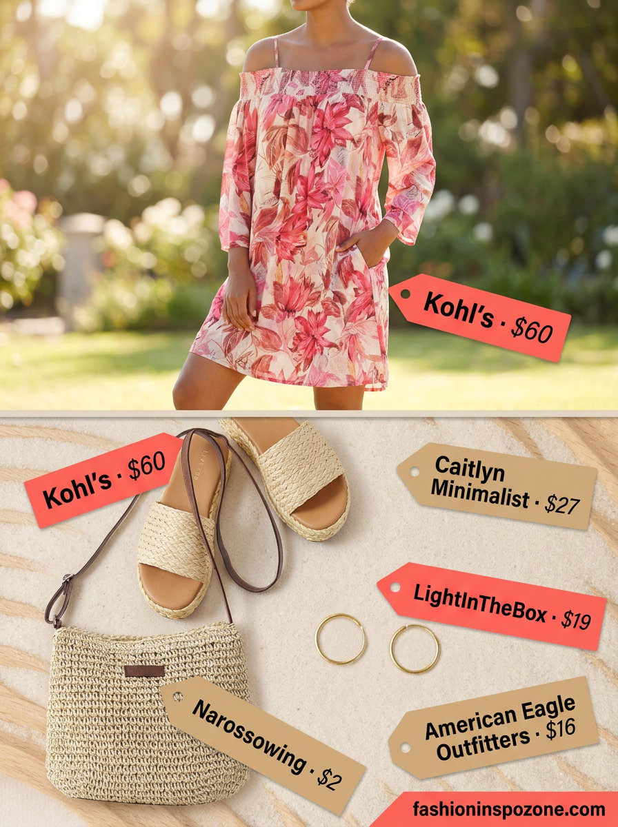 Cute summer dresses 2026: Pink floral romper with espadrilles, gold hoops, and straw crossbody bag.