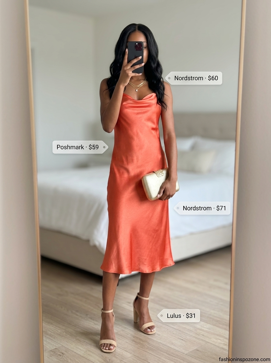 Cute summer dresses 2026: Coral satin slip dress with nude sandals, gold jewelry, and box clutch.