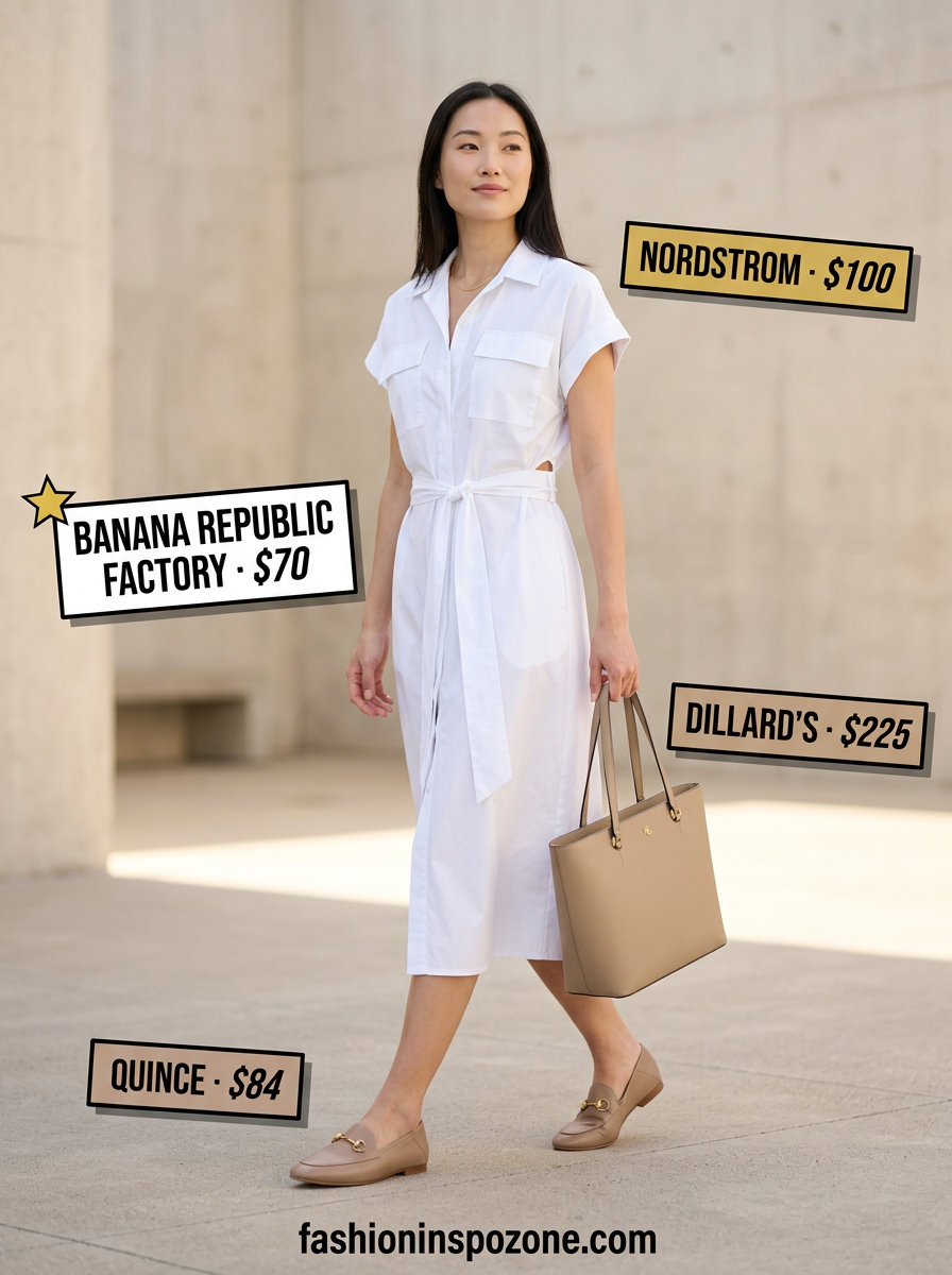 Cute summer dresses 2026: White shirtdress with loafers, structured tote, and gold necklace.