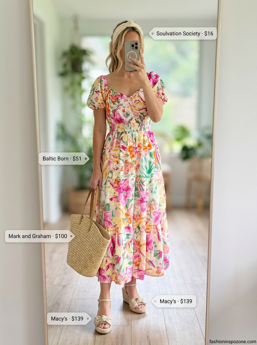 Cute summer dresses 2026: Pastel floral midi dress with espadrilles and straw tote for garden party.