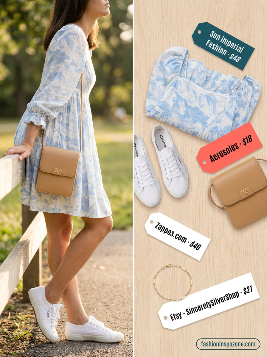 Cute summer dresses 2026: Pastel floral mini dress with white sneakers and tan crossbody bag for a picnic.