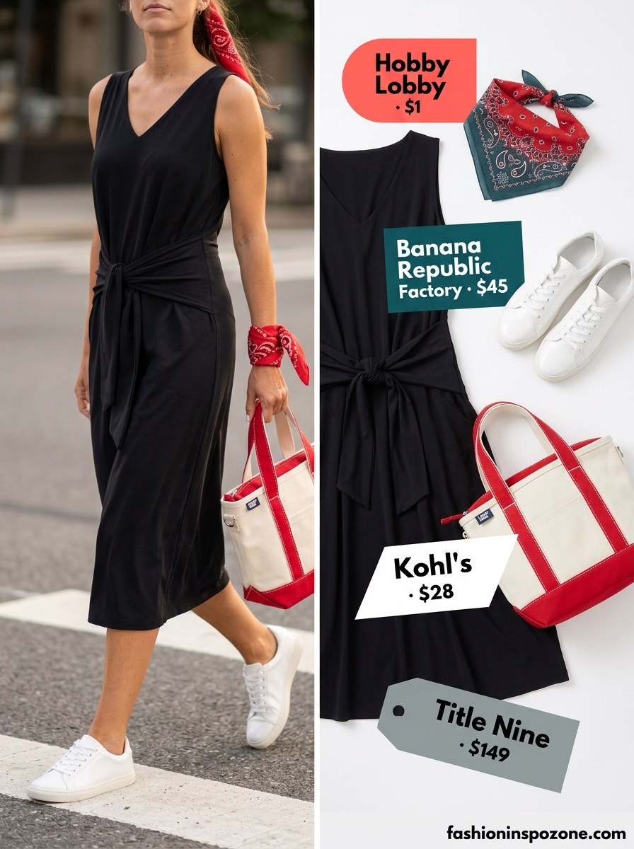 Cute summer dresses 2026: Denim mini dress with white sneakers, red bandana, and small canvas tote.