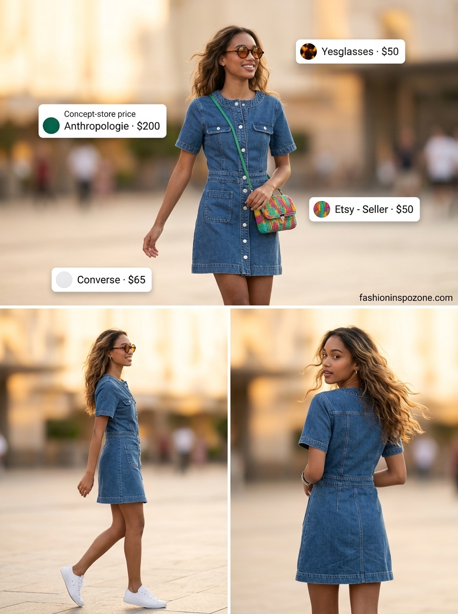 Cute summer dresses 2026: Retro denim mini dress with sneakers and a colorful crossbody for festivals.