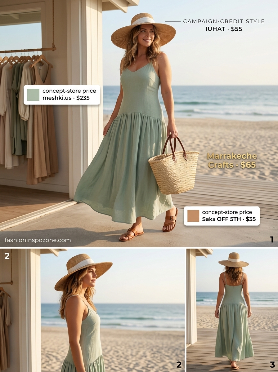 Cute summer dresses 2026: Sage green linen maxi dress with straw hat and slides for beach day.