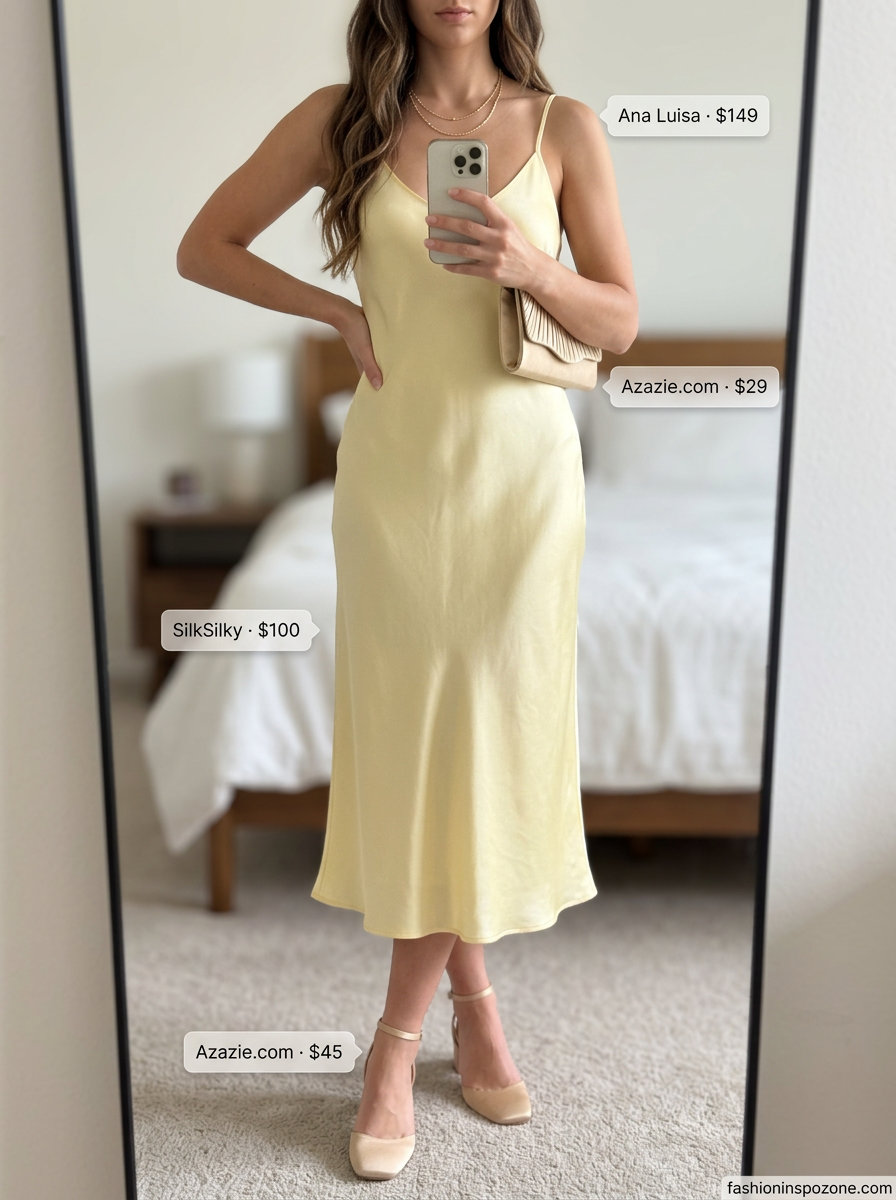 Cute summer dresses 2026: Golden yellow slip dress with metallic sandals, clutch, and layered necklaces.