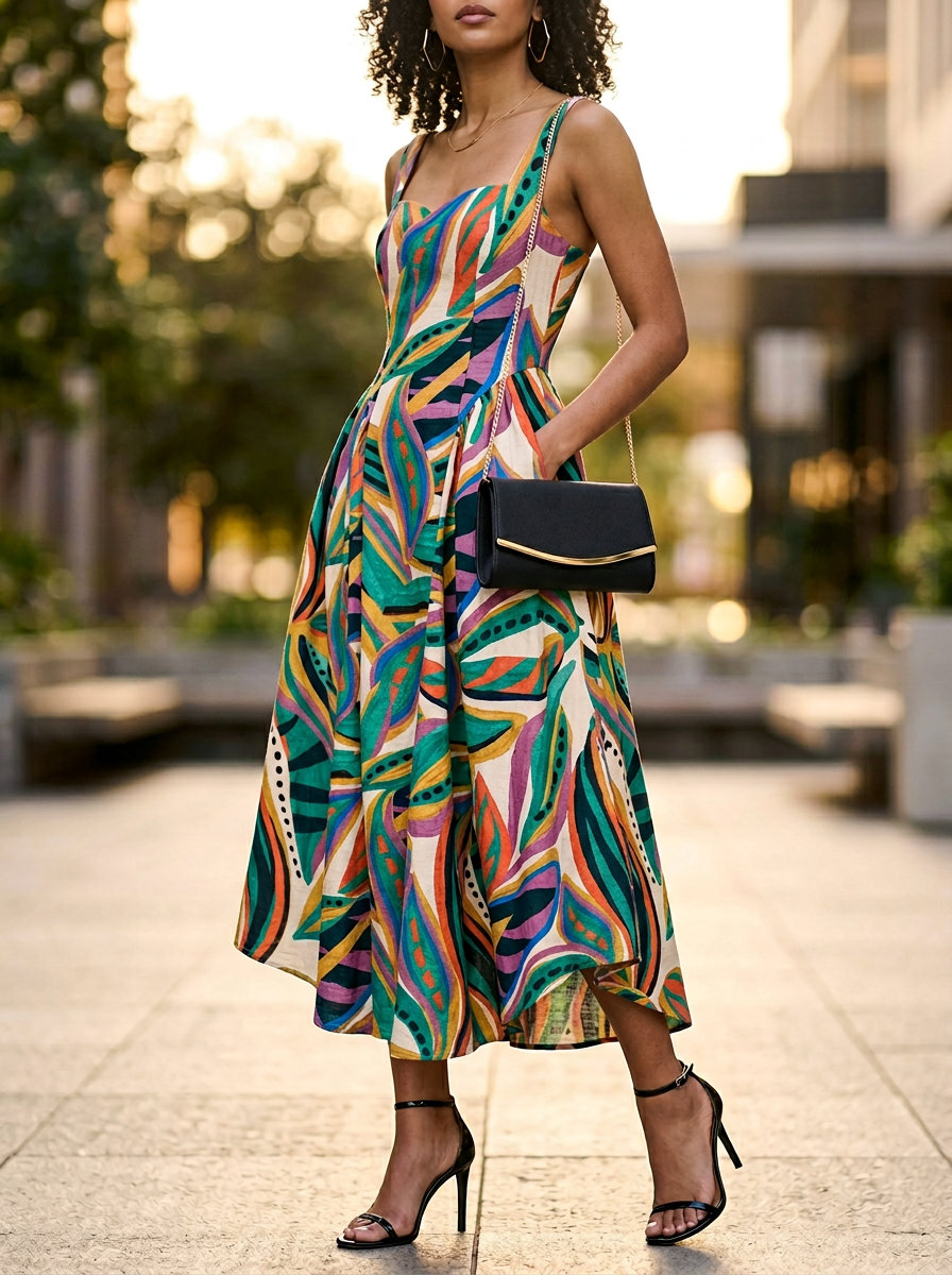 Cute summer dresses 2026: Abstract print maxi dress with heeled sandals, clutch, and statement earrings.