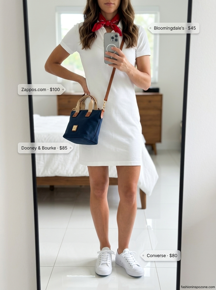 Cute summer dresses 2026: White polo mini dress with white sneakers, navy crossbody, and red bandana.