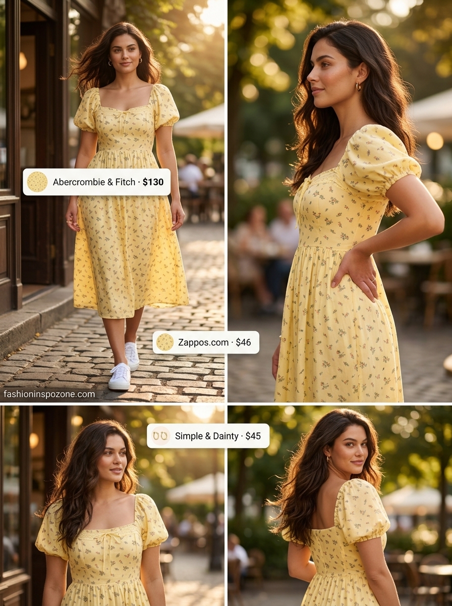 Cute summer dresses 2026: Yellow floral midi dress with white sneakers for a picnic or casual day out.