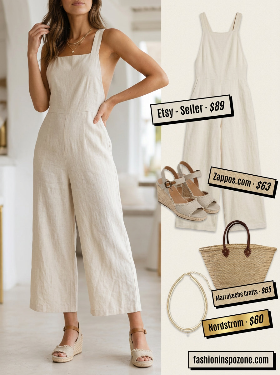 Cute summer linen jumpsuit for women 2026 in natural beige, perfect for brunch and beachside lunches.