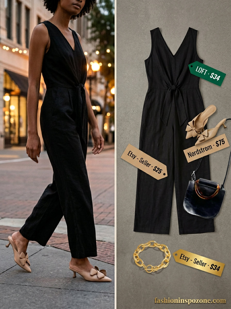 Sophisticated black linen jumpsuit for women 2026, ideal for evening cocktails or dinner dates. Styled with nude mules and a shoulder bag.