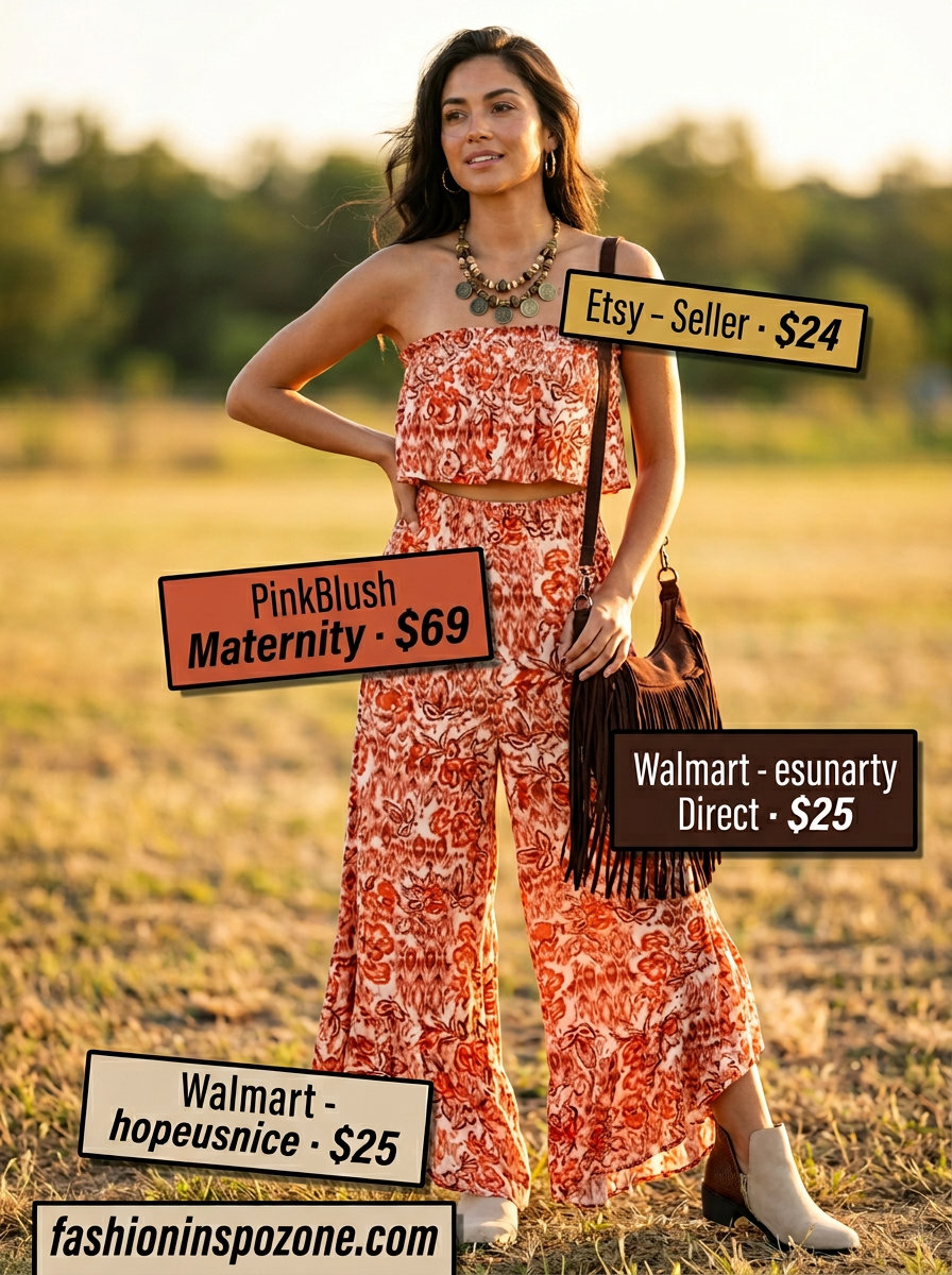 Bohemian rust linen jumpsuit for women 2026, ideal for music festivals. Features paisley print, suede boots, and layered necklaces.