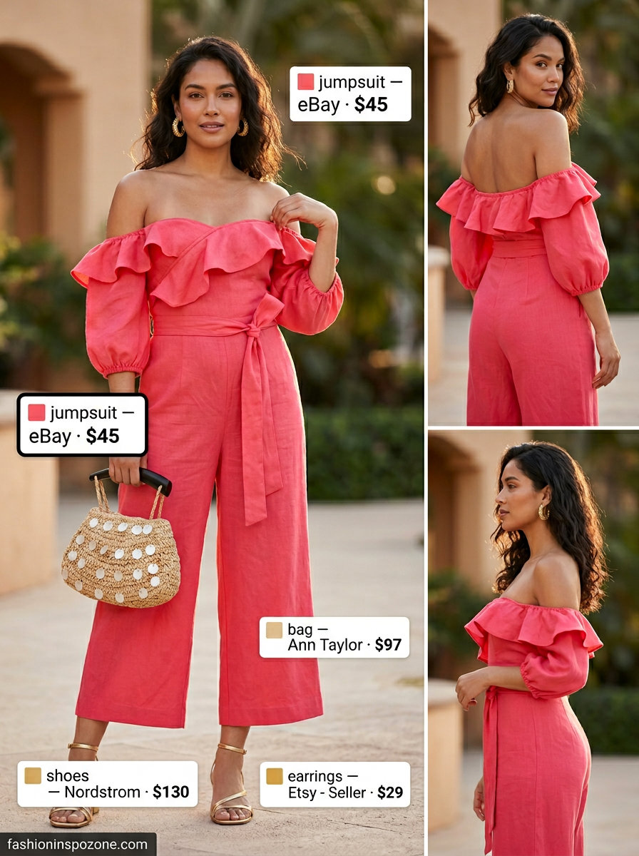 Vibrant coral pink linen culotte jumpsuit for women 2026, perfect for resort dinners. Styled with gold sandals and a woven clutch.