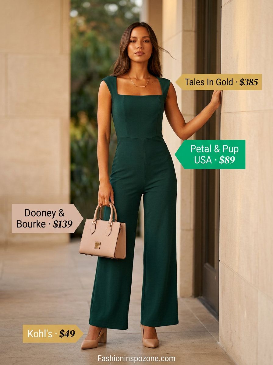 Cute summer linen jumpsuit for women 2026 in emerald green, perfect for office wear & business lunches.
