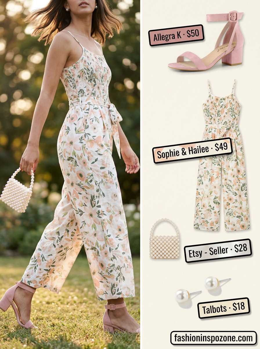 Whimsical floral linen culotte jumpsuit for women 2026, ideal for garden parties. Features smocked bodice and blush pink sandals.
