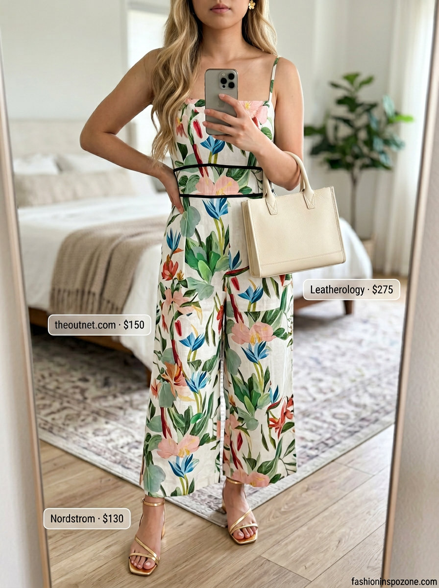 Cute summer linen jumpsuit for women 2026 in floral print, perfect for garden parties & summer celebrations.