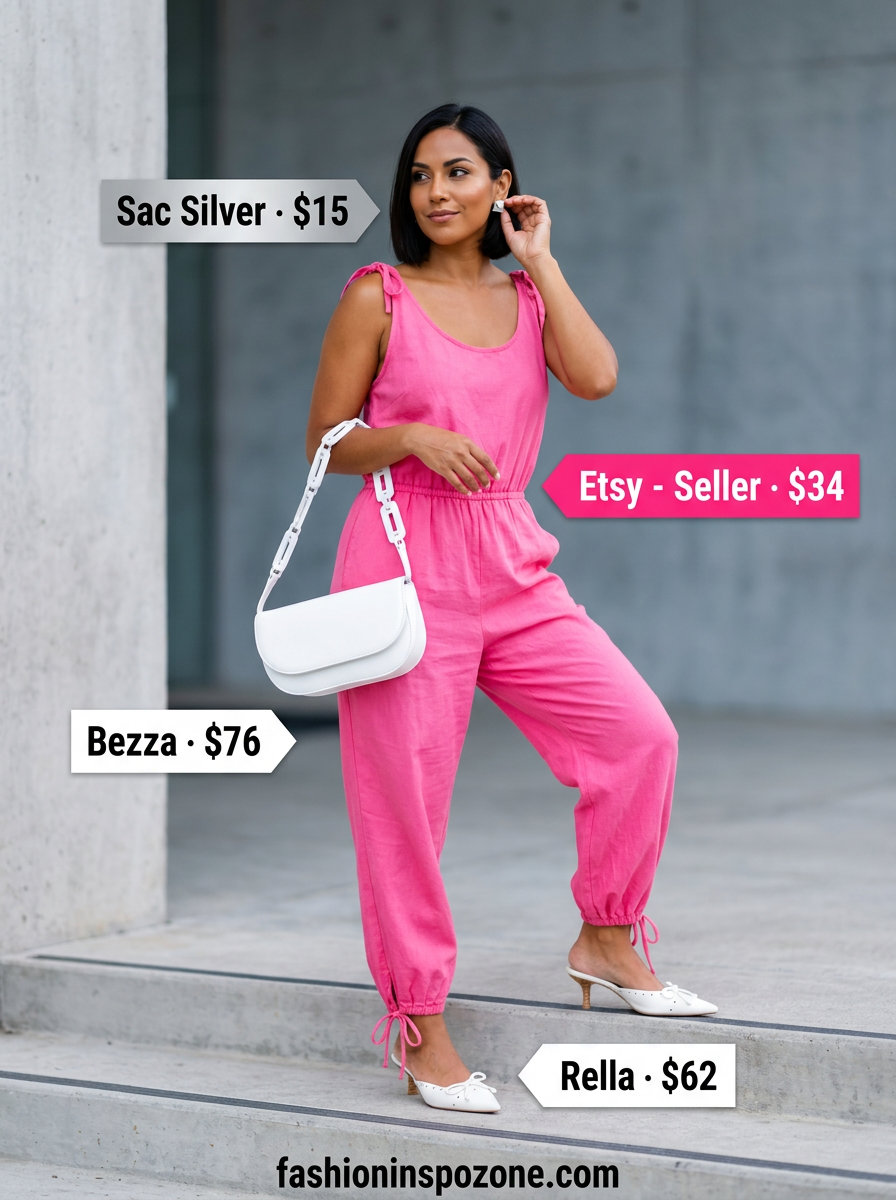 Cute summer linen jumpsuit for women 2026 in hot pink, perfect for art gallery openings and fashion events.