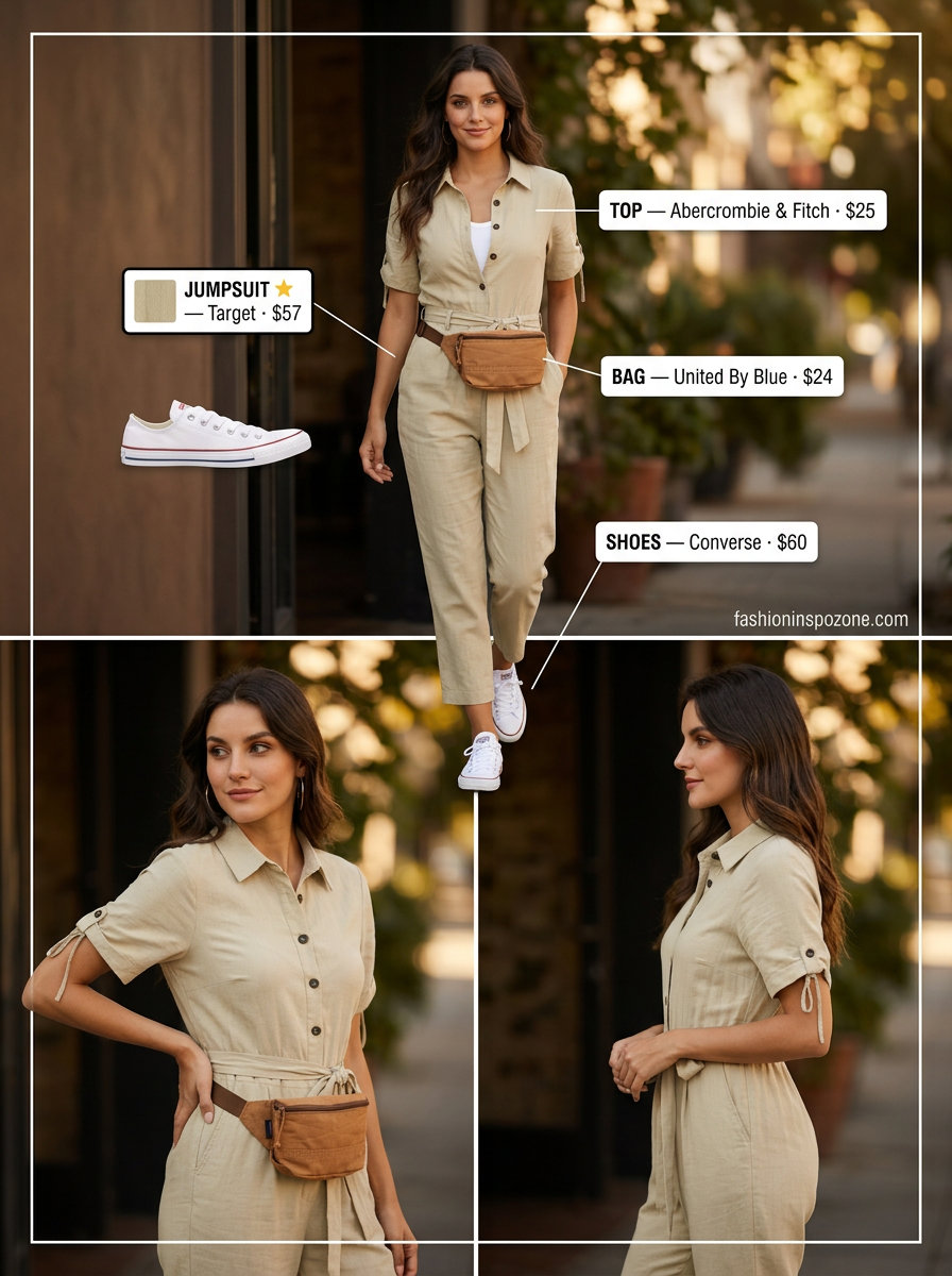Functional khaki beige linen utility jumpsuit for women 2026, ideal for weekend errands & outdoor activities. Styled with white sneakers & belt bag.