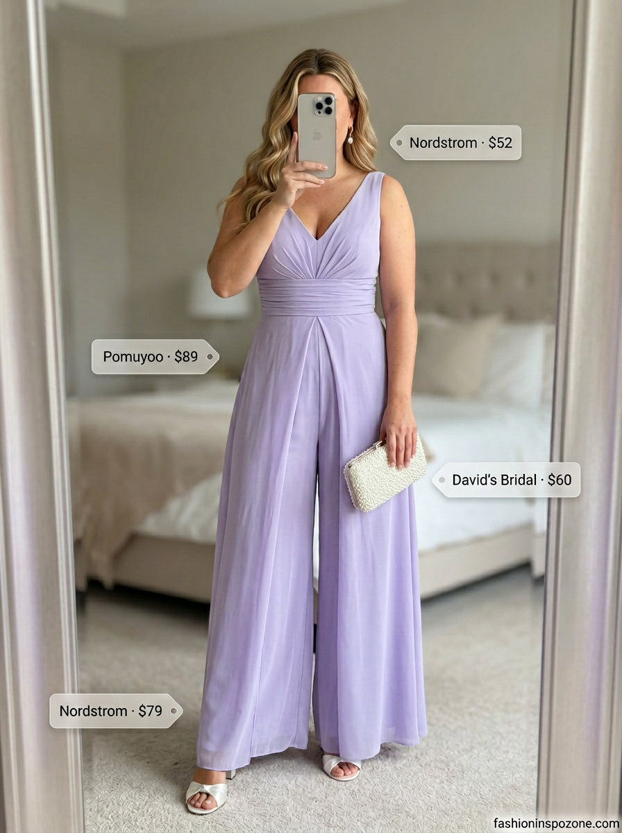 Elegant lavender linen jumpsuit for women 2026, perfect for date nights or garden parties. Styled with pearl clutch & sandals.