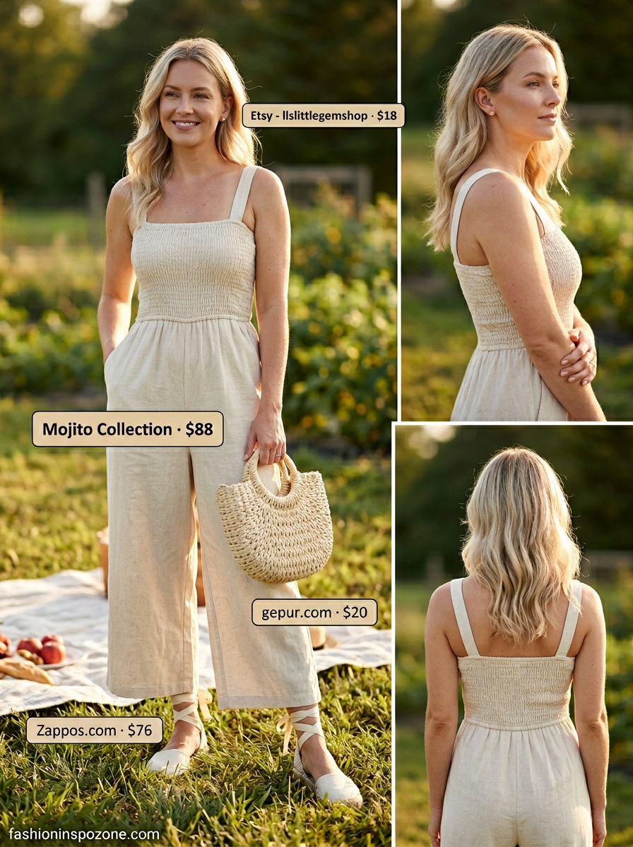 Romantic lavender linen jumpsuit for women 2026, perfect for picnics and garden strolls. Styled with espadrilles and a straw bag.