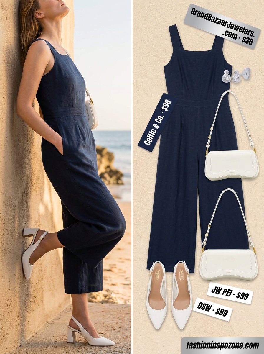 Cute summer linen jumpsuit for women 2026 in navy blue, perfect for city lunches & professional events.