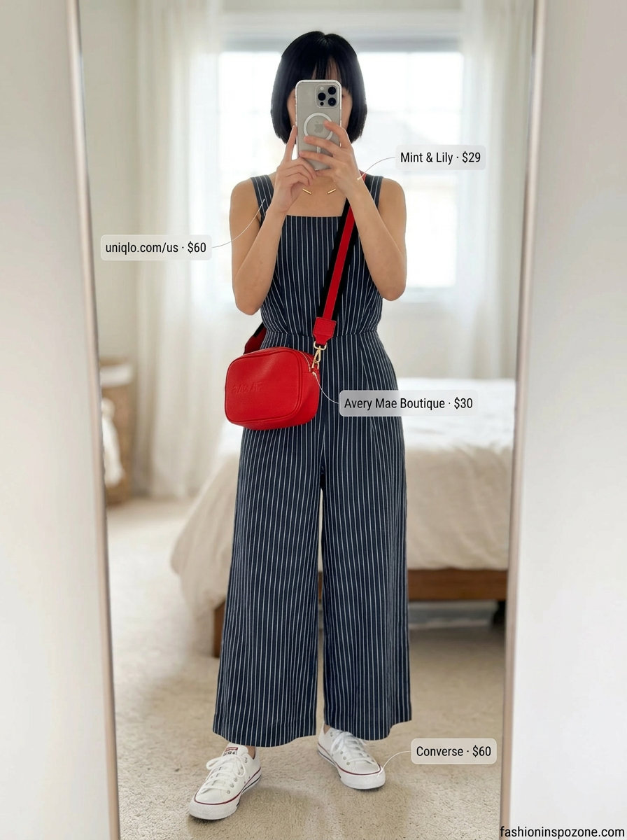 Cute navy & white stripe linen jumpsuit for women 2026, perfect for farmers markets & casual lunch. Styled with red bag & white sneakers.