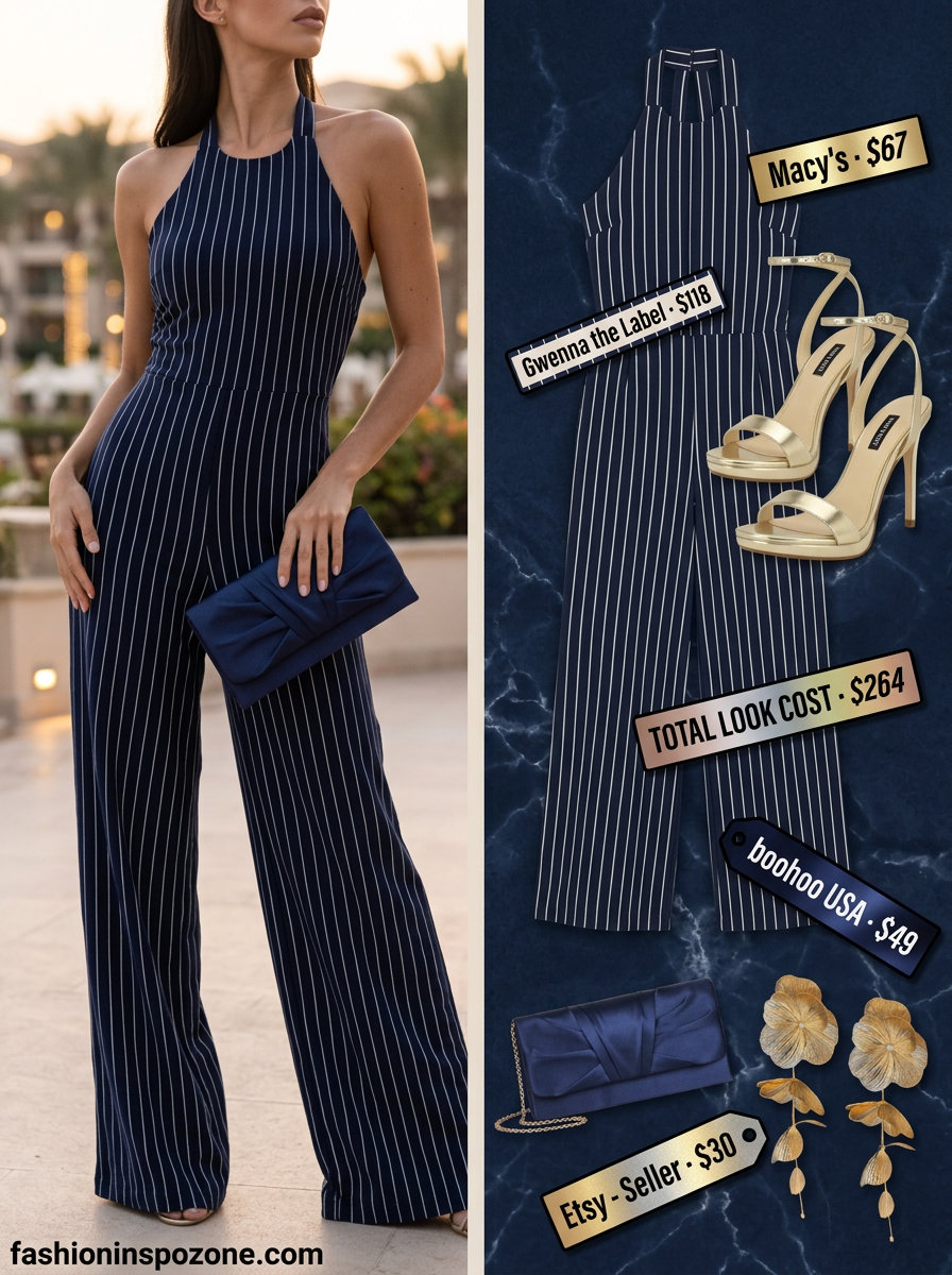 Cute summer linen jumpsuit for women 2026 in navy stripe, perfect for resort dinners & cocktail parties.