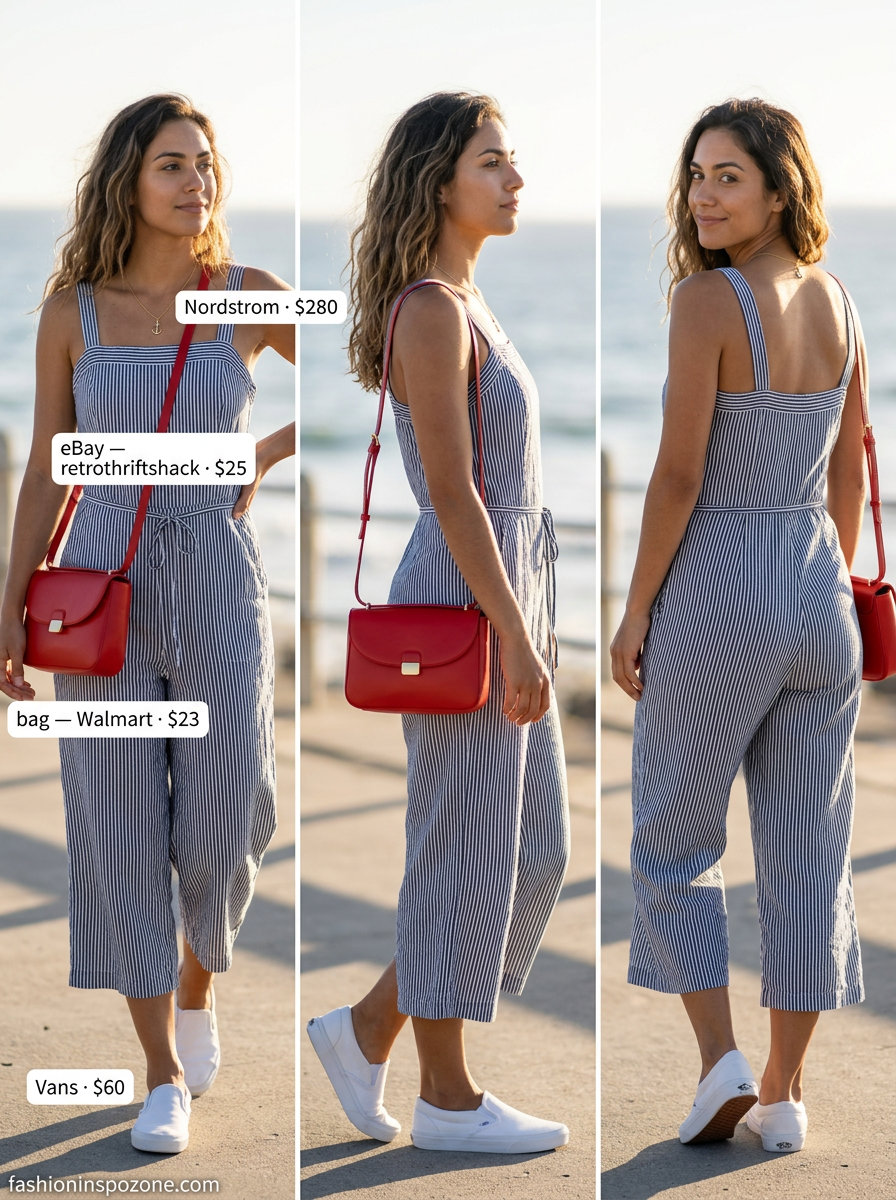 Nautical navy & white stripe linen jumpsuit for women 2026, perfect for seaside getaways & boat trips. Styled with red bag & white sneakers.