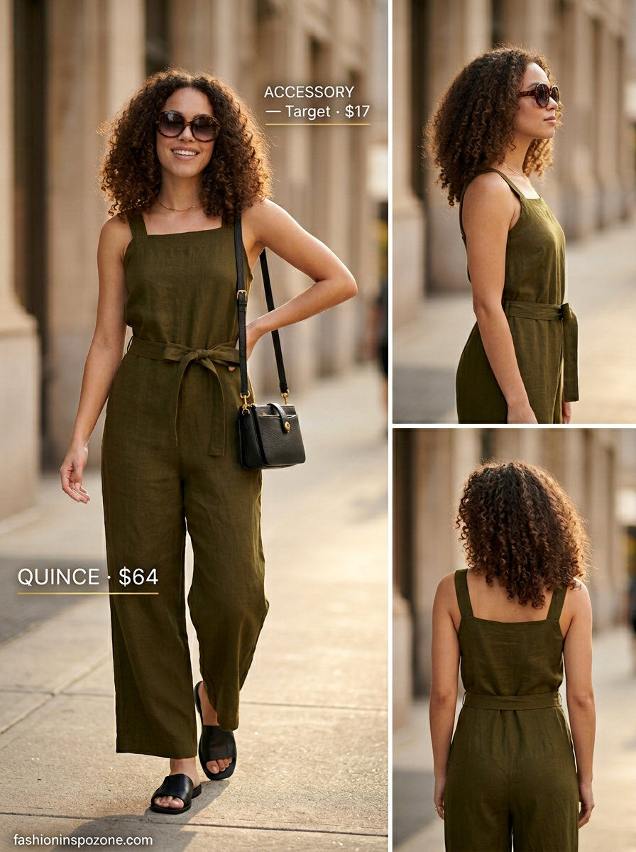 Sophisticated olive green linen jumpsuit for women 2026, ideal for city sightseeing & art galleries. Styled with black slides & tortoise sunglasses.