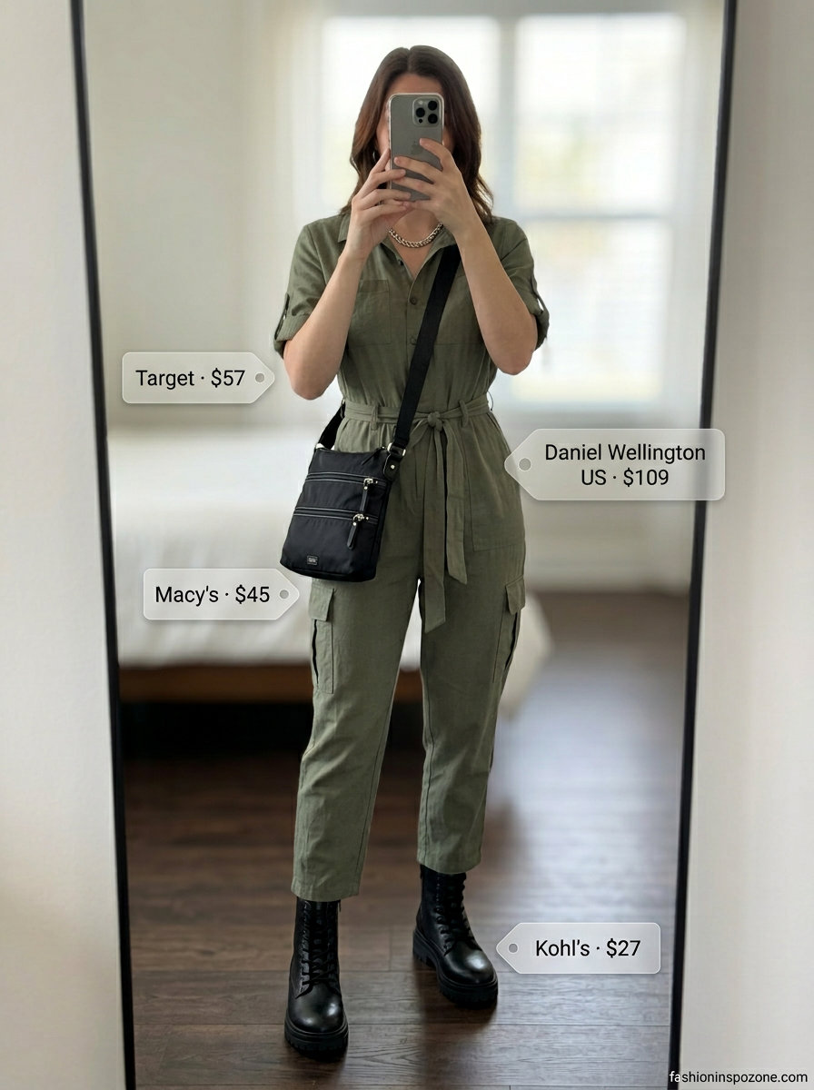Edgy olive green utility linen jumpsuit for women 2026, great for city exploration & casual errands. Styled with combat boots & silver necklace.