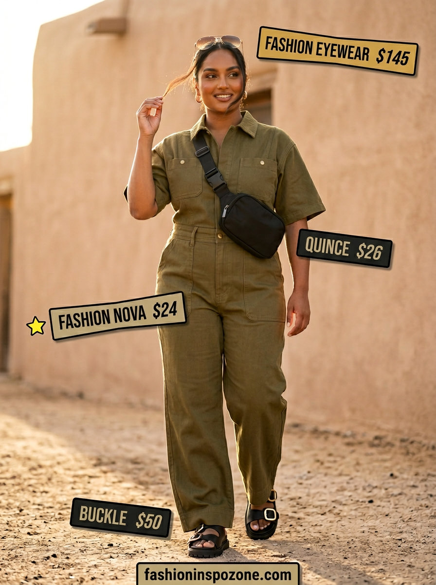Chic olive green utility jumpsuit for women 2026, perfect for safari adventures or travel. Styled with black sandals and aviators.
