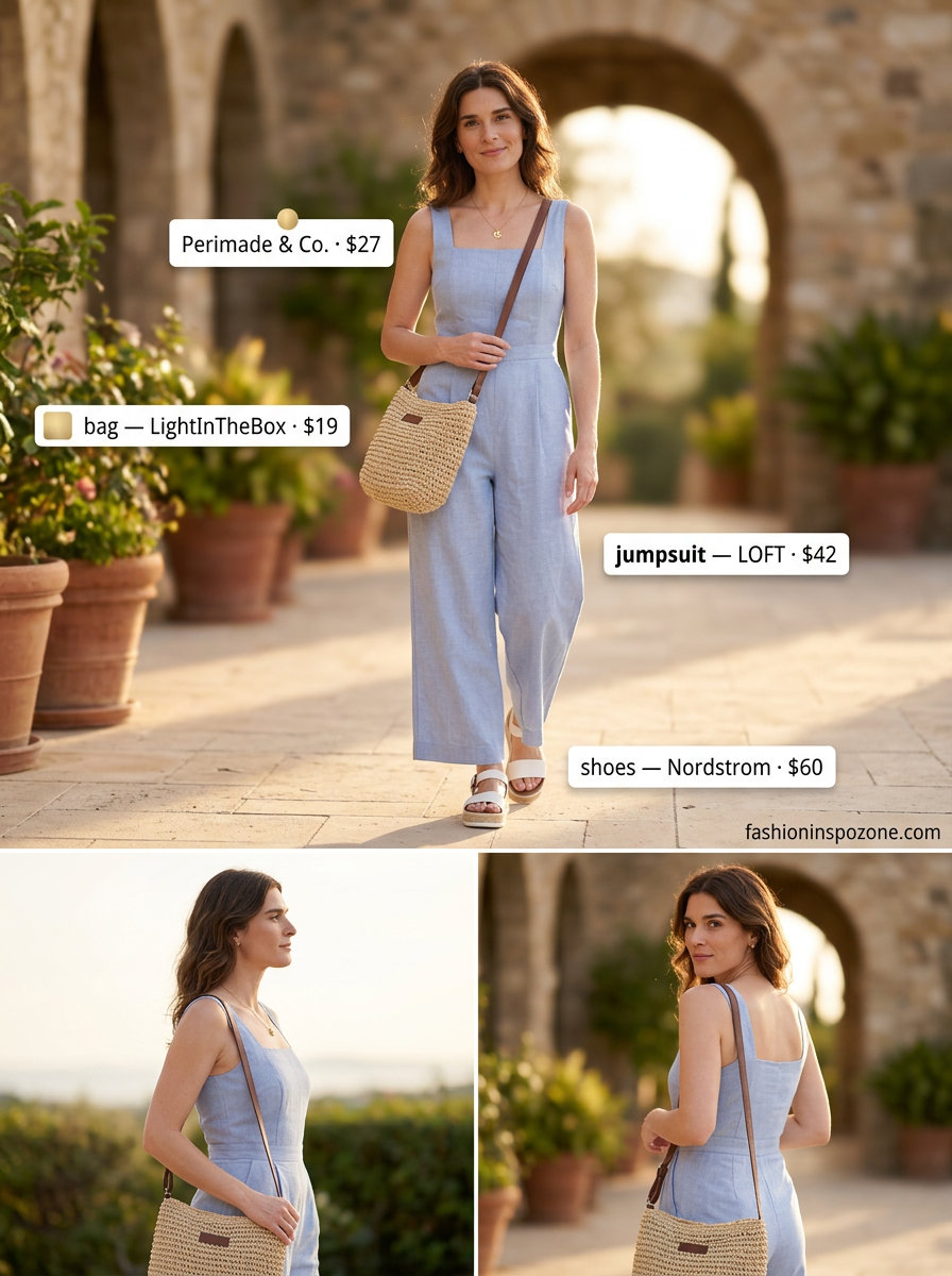 Sweet pastel blue linen jumpsuit for women 2026, perfect for weekend brunch & farmers markets. Styled with espadrille sandals & straw bag.
