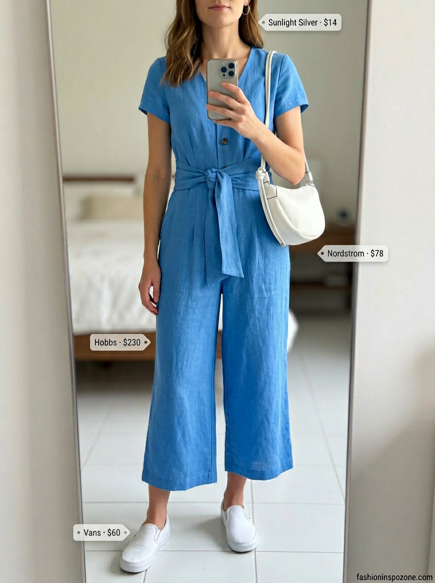 Casual sky blue linen jumpsuit for women 2026, perfect for picnics and park strolls. Styled with white sneakers and a crossbody bag.