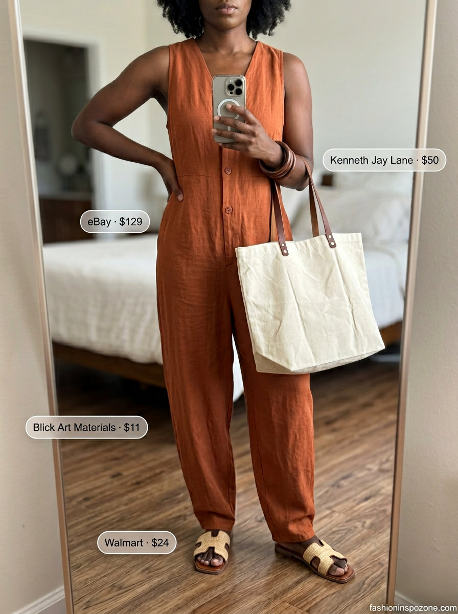 Cute summer linen jumpsuit for women 2026 in terracotta orange, perfect for farmers markets & casual outings.