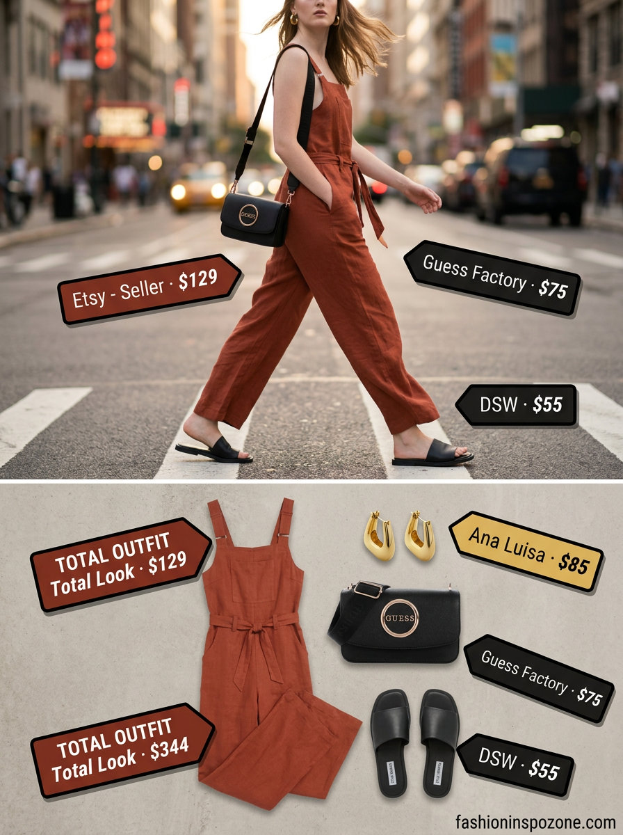 Cute summer linen jumpsuit for women 2026 in terracotta orange, ideal for city sightseeing and casual days.