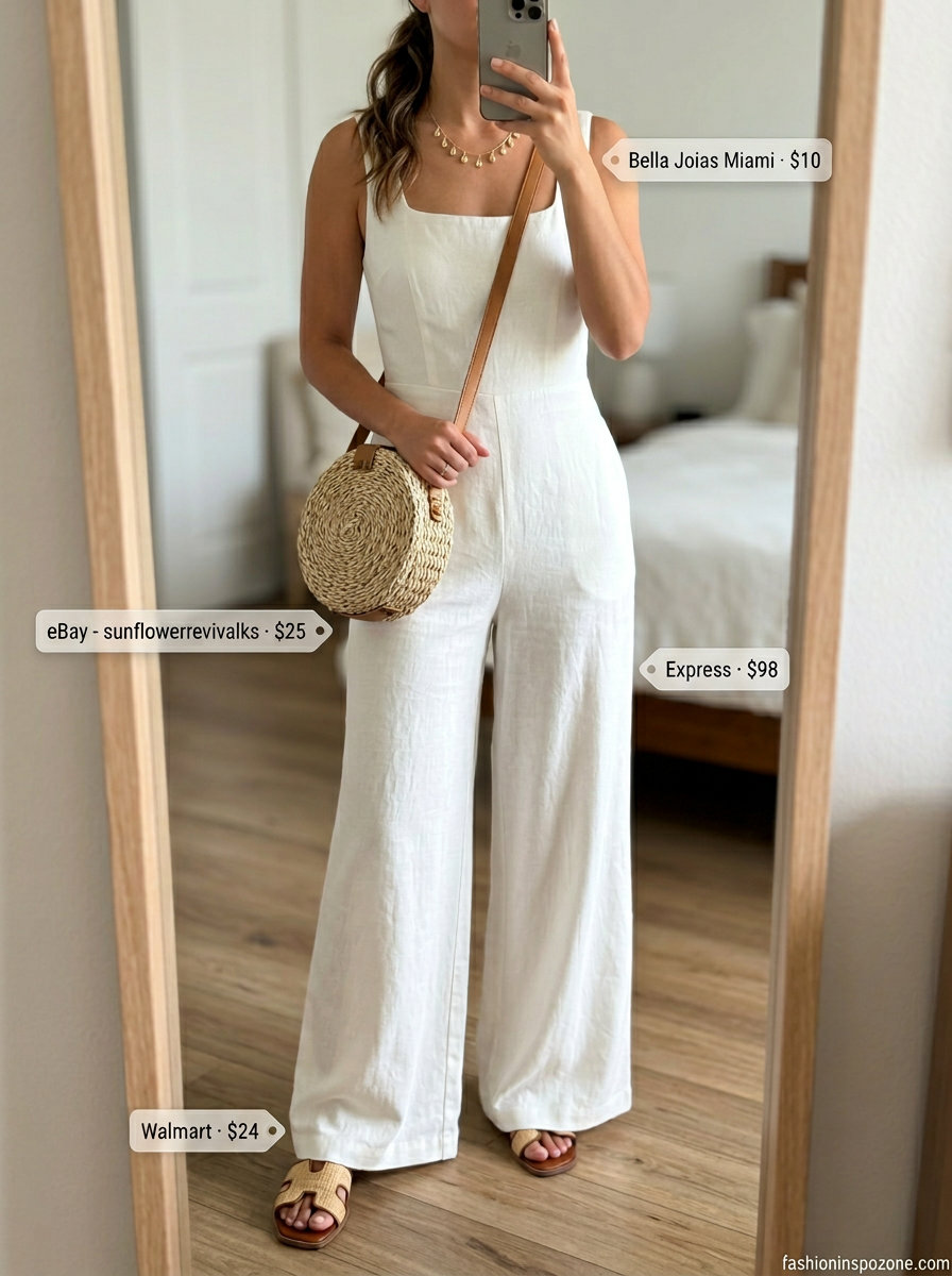 Effortless white linen jumpsuit for women 2026, perfect for beach vacations & resort brunches. Styled with raffia slides & straw bag.