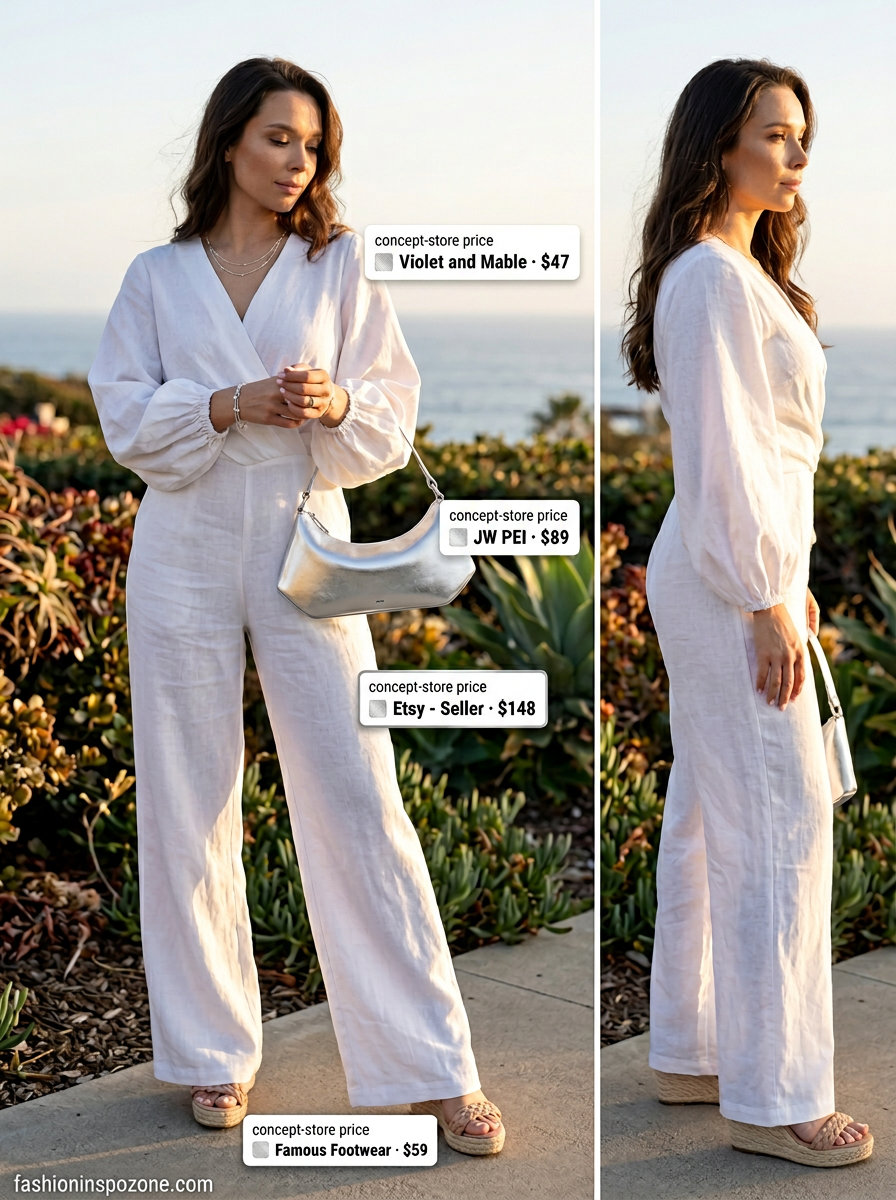 Elegant white linen wrap jumpsuit for women 2026, perfect for garden parties & summer events. Styled with espadrille wedges & silver bag.