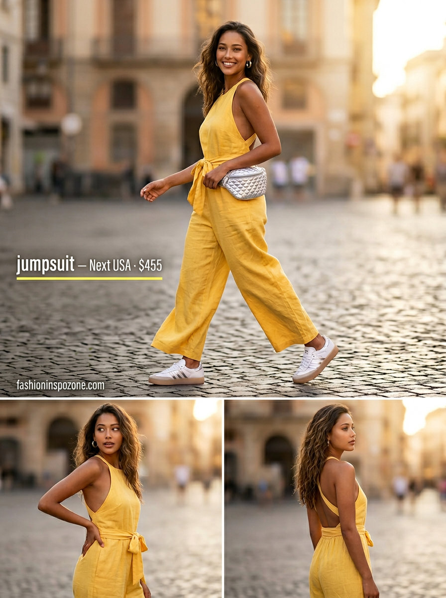 Bold bright yellow linen halter jumpsuit for women 2026, perfect for summer festivals & beach parties. Styled with platform sneakers & silver belt bag.