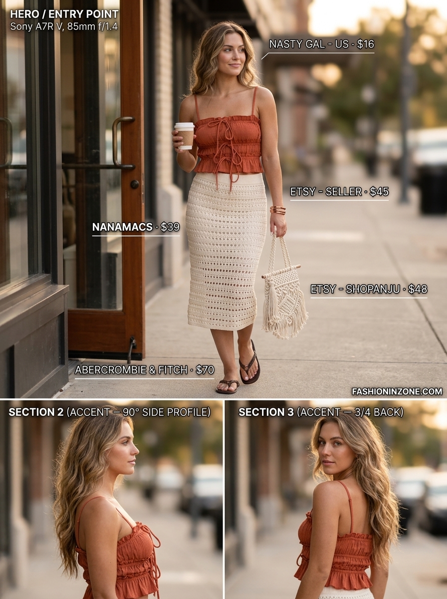 Cute summer skirt outfits 2026: Cream crochet midi skirt with terracotta top & leather slides for beach day.