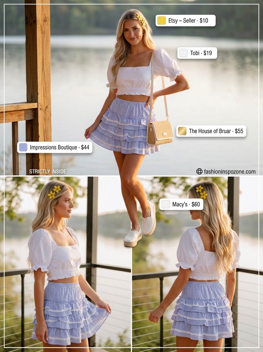 Charming blue gingham mini skirt outfit for picnics or retro events. Cute summer skirt outfits 2026.
