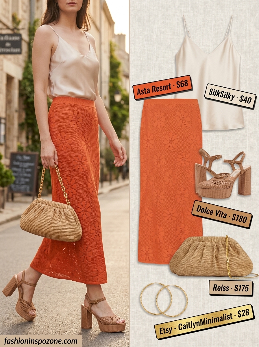 Cute summer skirt outfits 2026: Burnt orange crochet midi skirt with cream cami & woven sandals for boho vibes.
