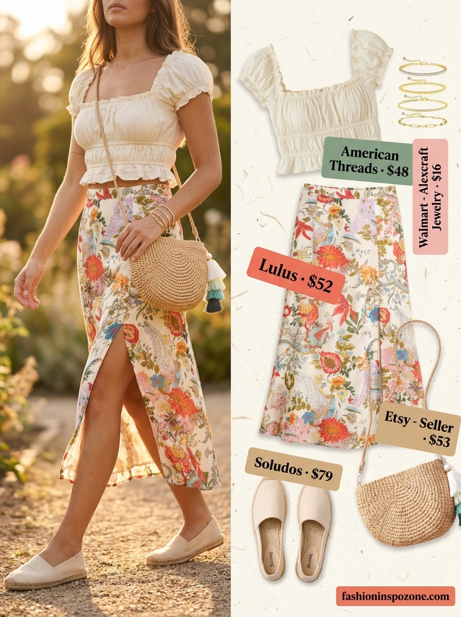 Cute summer skirt outfits 2026: Floral midi skirt with smocked crop top & espadrilles for boho brunch.